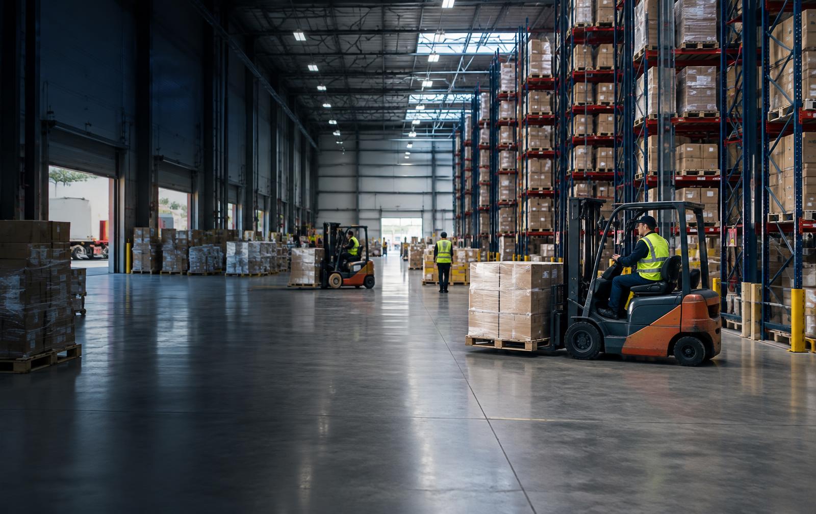 Organized warehouse operations with pallets and forklifts